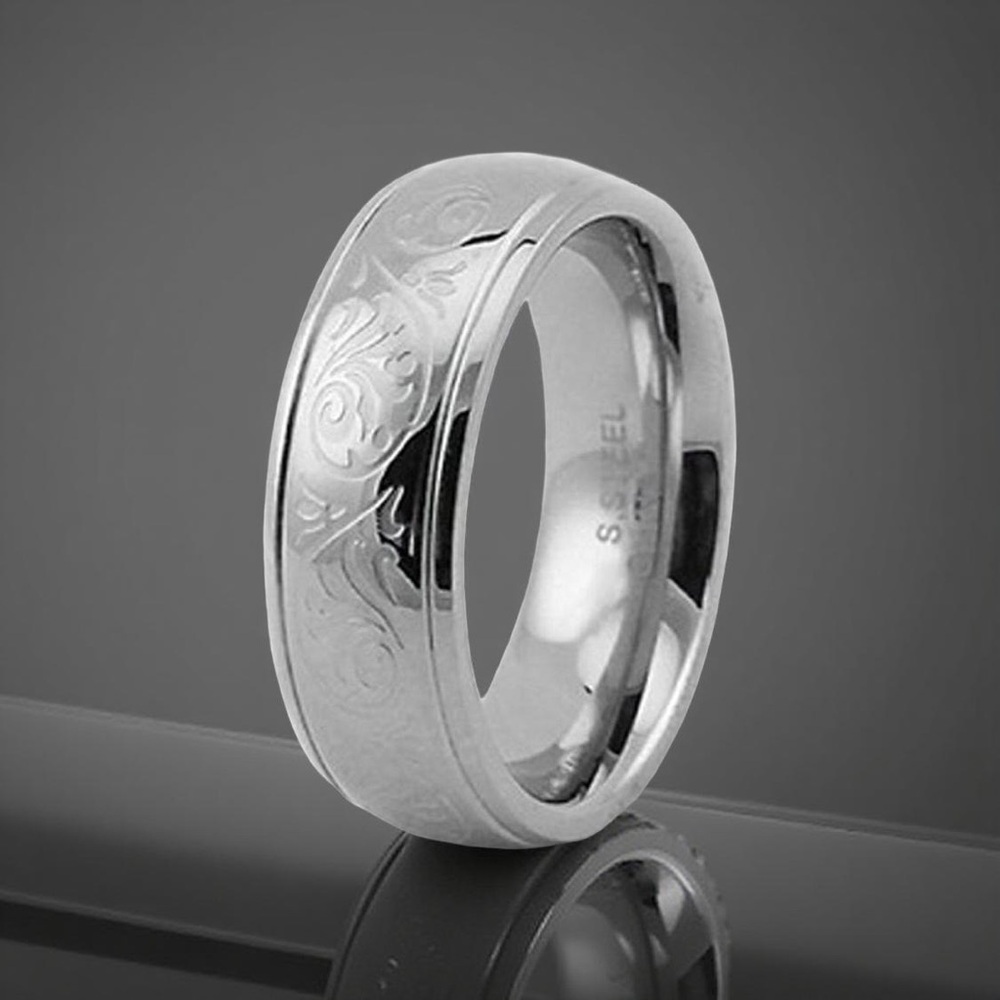 Floral Laser Engraved Stainless Steel Fashion Ring Size 7½  Comfort Band
